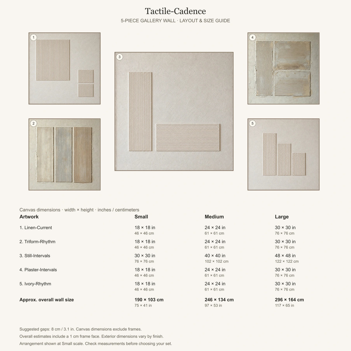 Gallery wall arrangement and individual canvas dimensions
