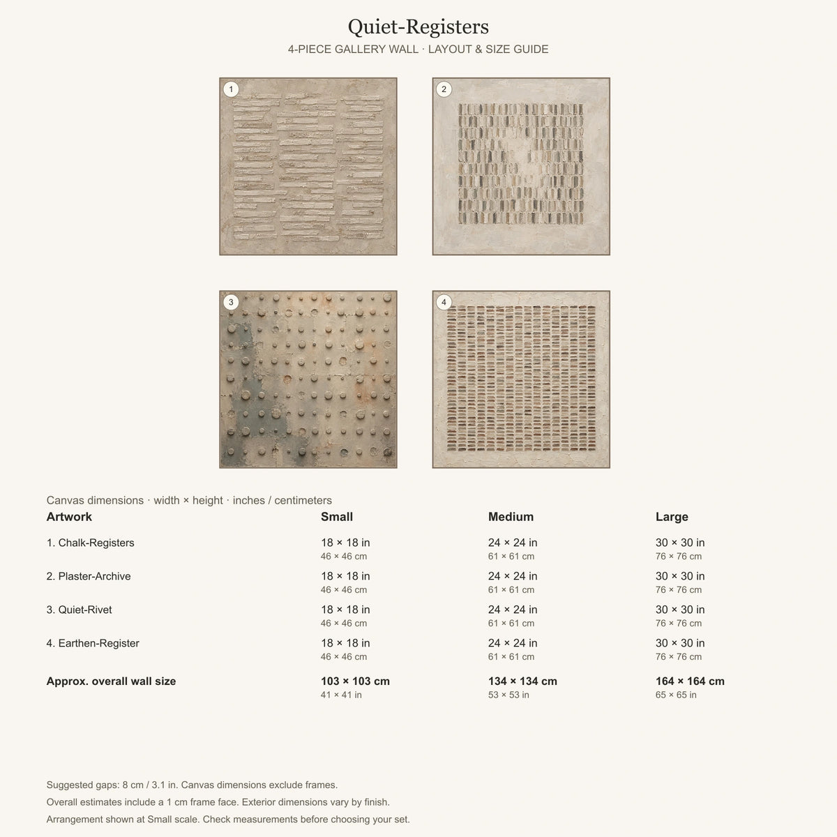 Gallery wall arrangement and individual canvas dimensions