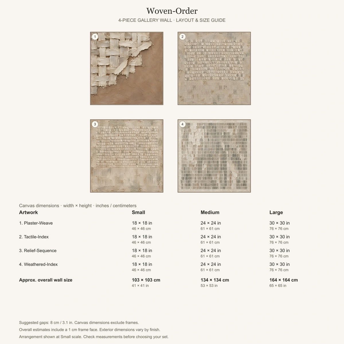 Gallery wall arrangement and individual canvas dimensions