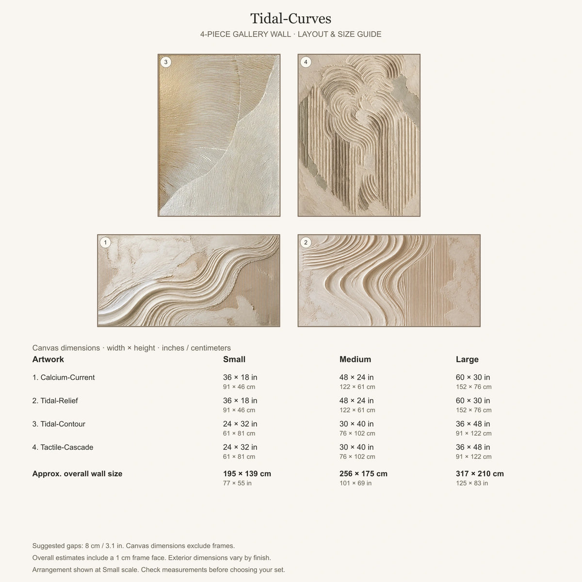 Gallery wall arrangement and individual canvas dimensions