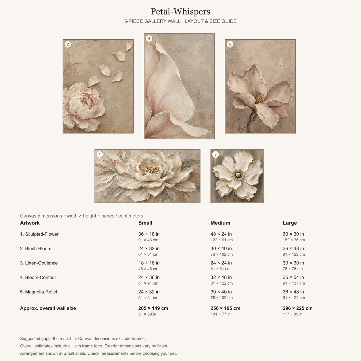 Gallery wall arrangement and individual canvas dimensions