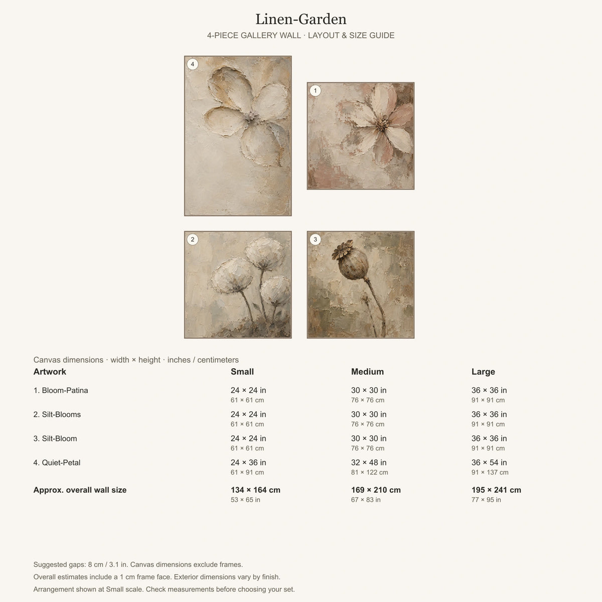 Gallery wall arrangement and individual canvas dimensions