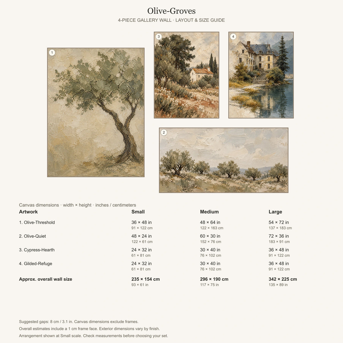 Gallery wall arrangement and individual canvas dimensions