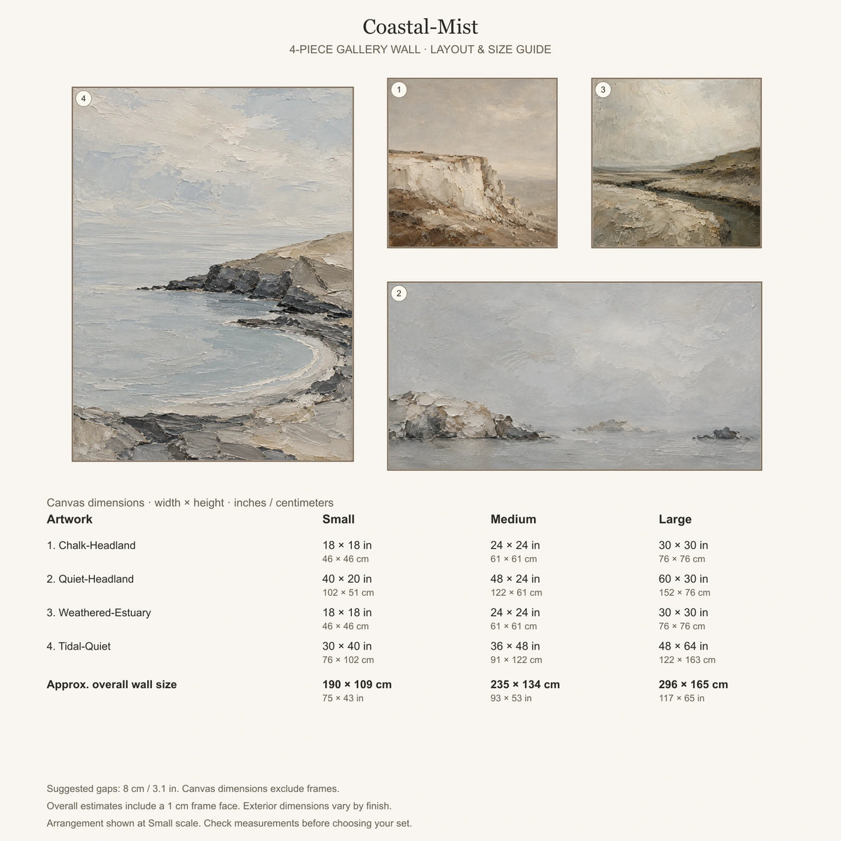 Gallery wall arrangement and individual canvas dimensions