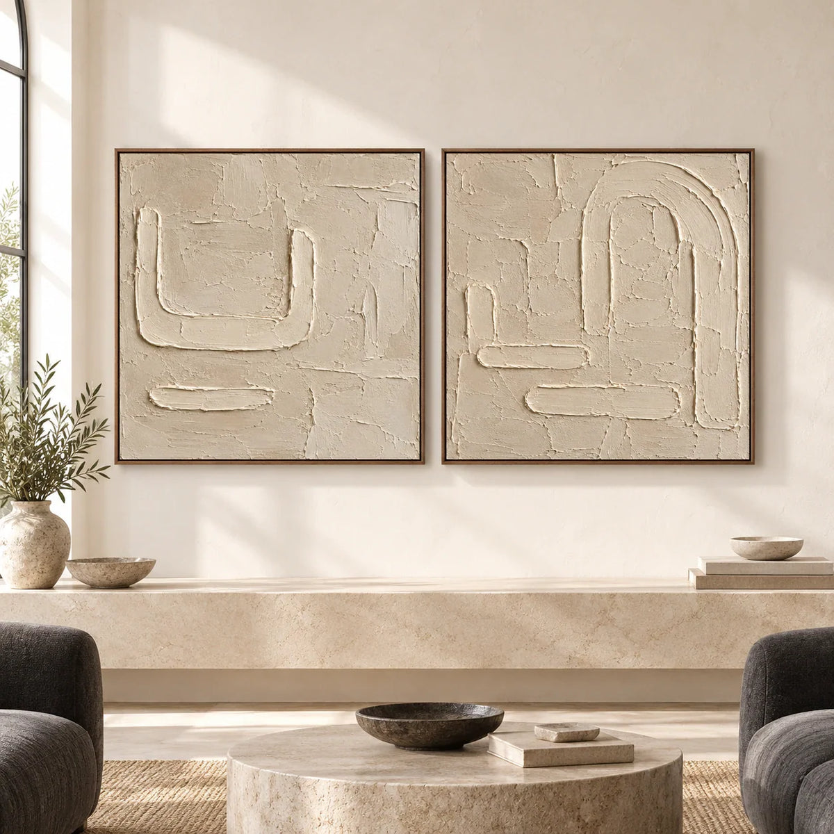 Calcite-Labyrinth square diptych displayed at large scale in a bright architectural interior.