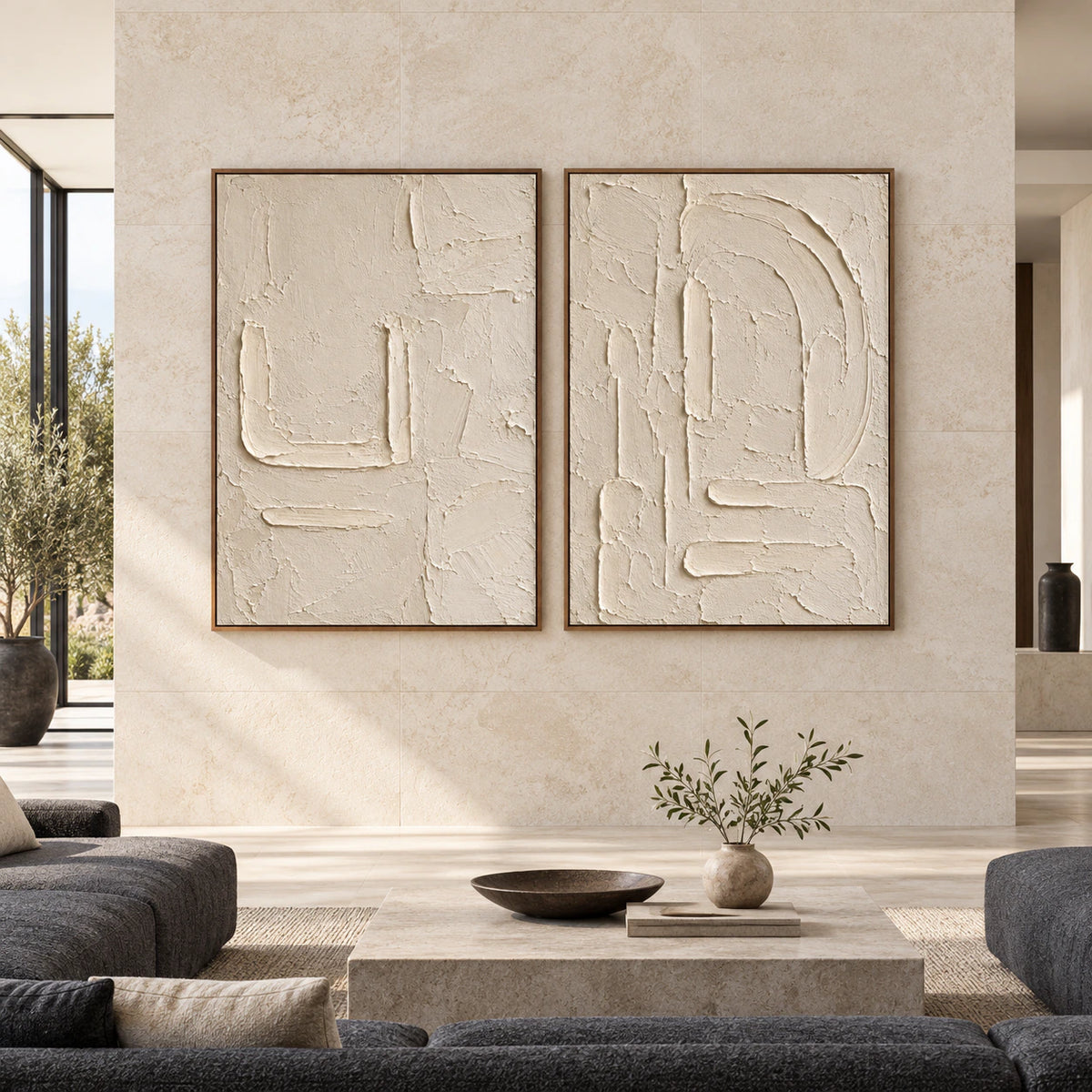 Large straight-on gallery interior with the Alabaster-Forms ivory textured diptych in matching slim walnut frames