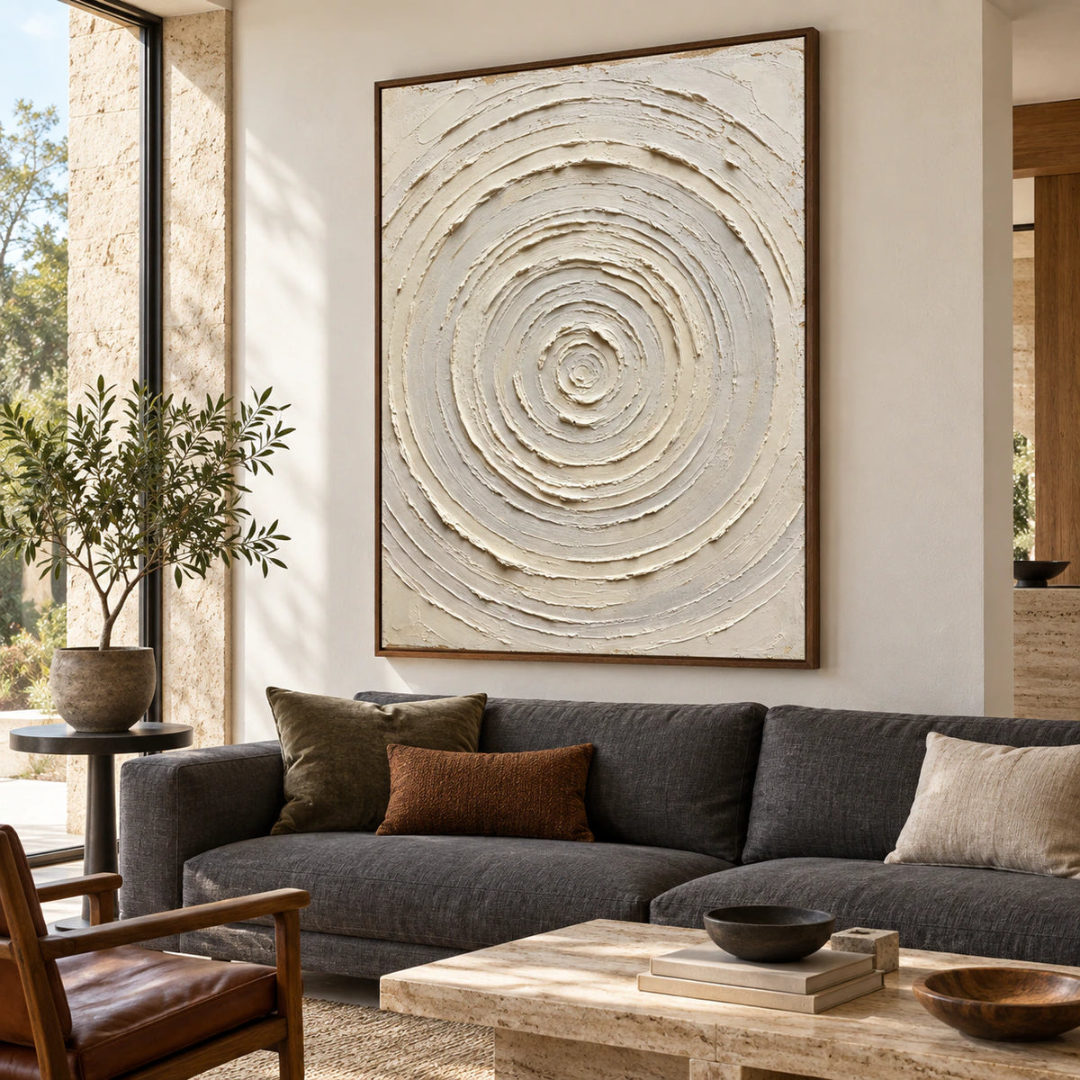 Alabaster-Gyre above a neutral sofa in a bright living room.