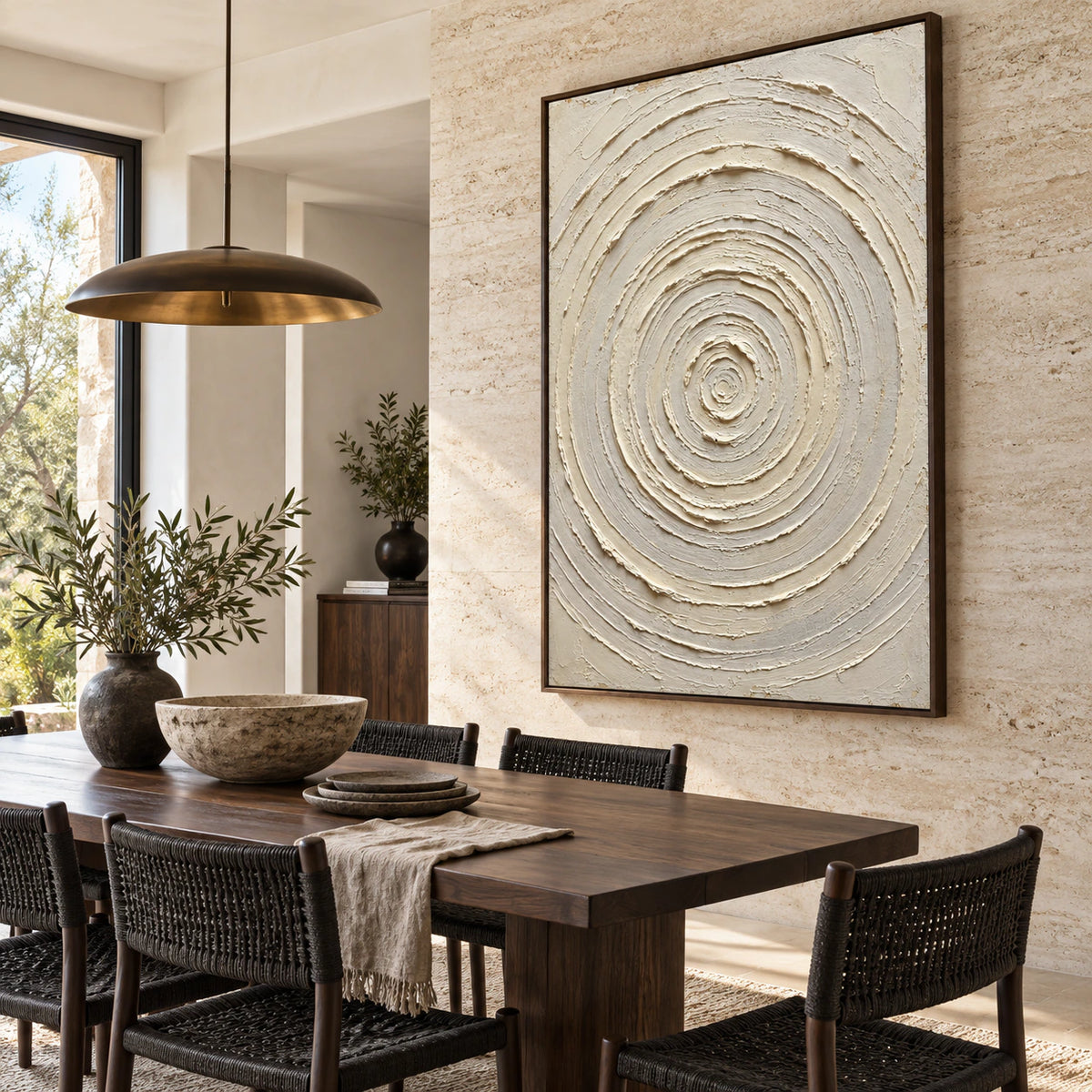 Alabaster-Gyre anchoring a refined daylight dining room.