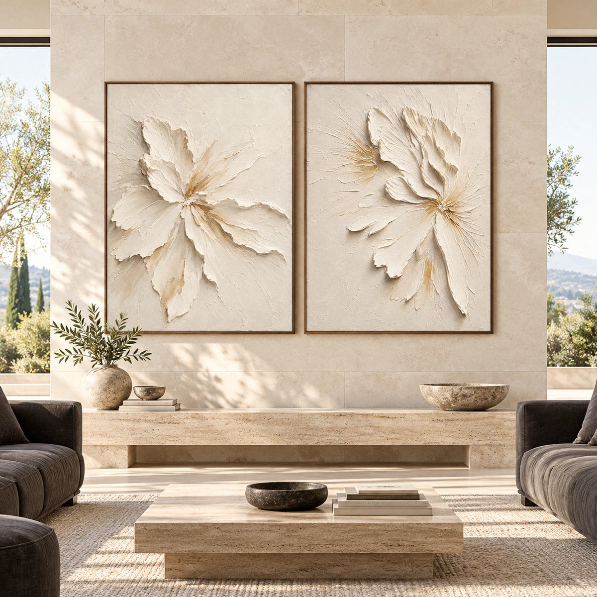 Large straight-on gallery living space with the Alabaster-Petals ivory floral diptych in slim walnut frames.