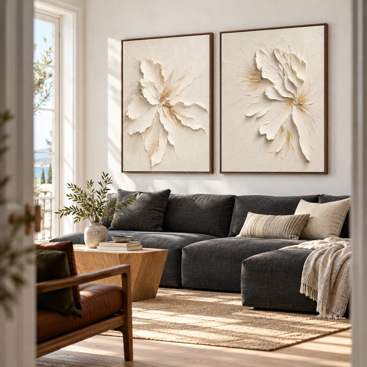 Bright living room featuring the Alabaster-Petals set of two above a sculptural seating arrangement.