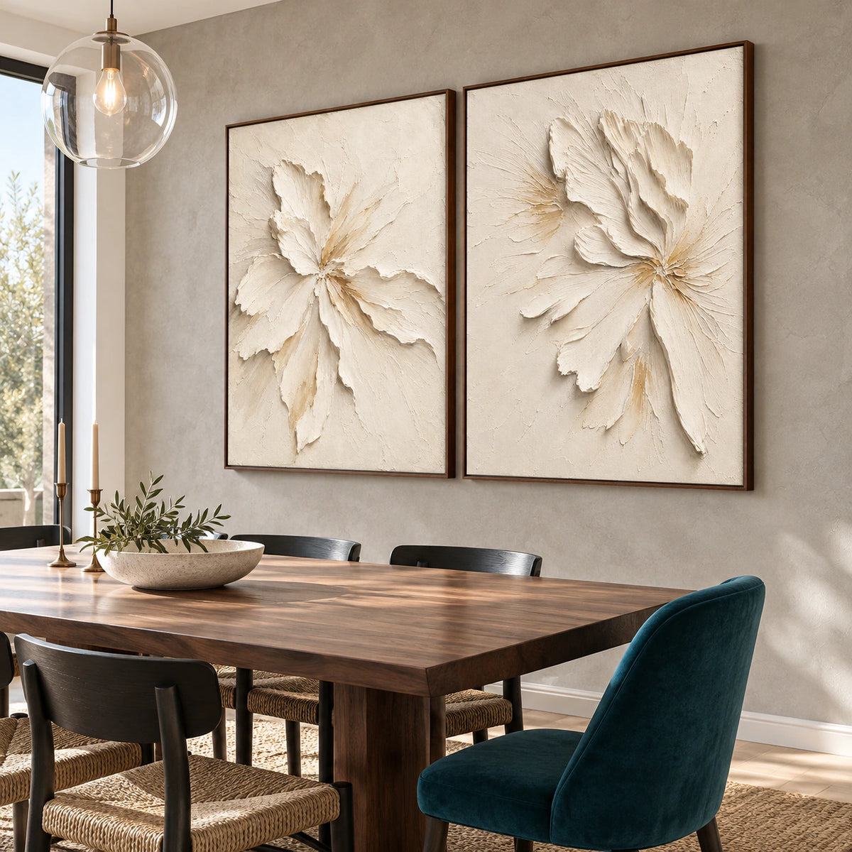 Refined dining room with the Alabaster-Petals diptych in matching slim walnut frames.
