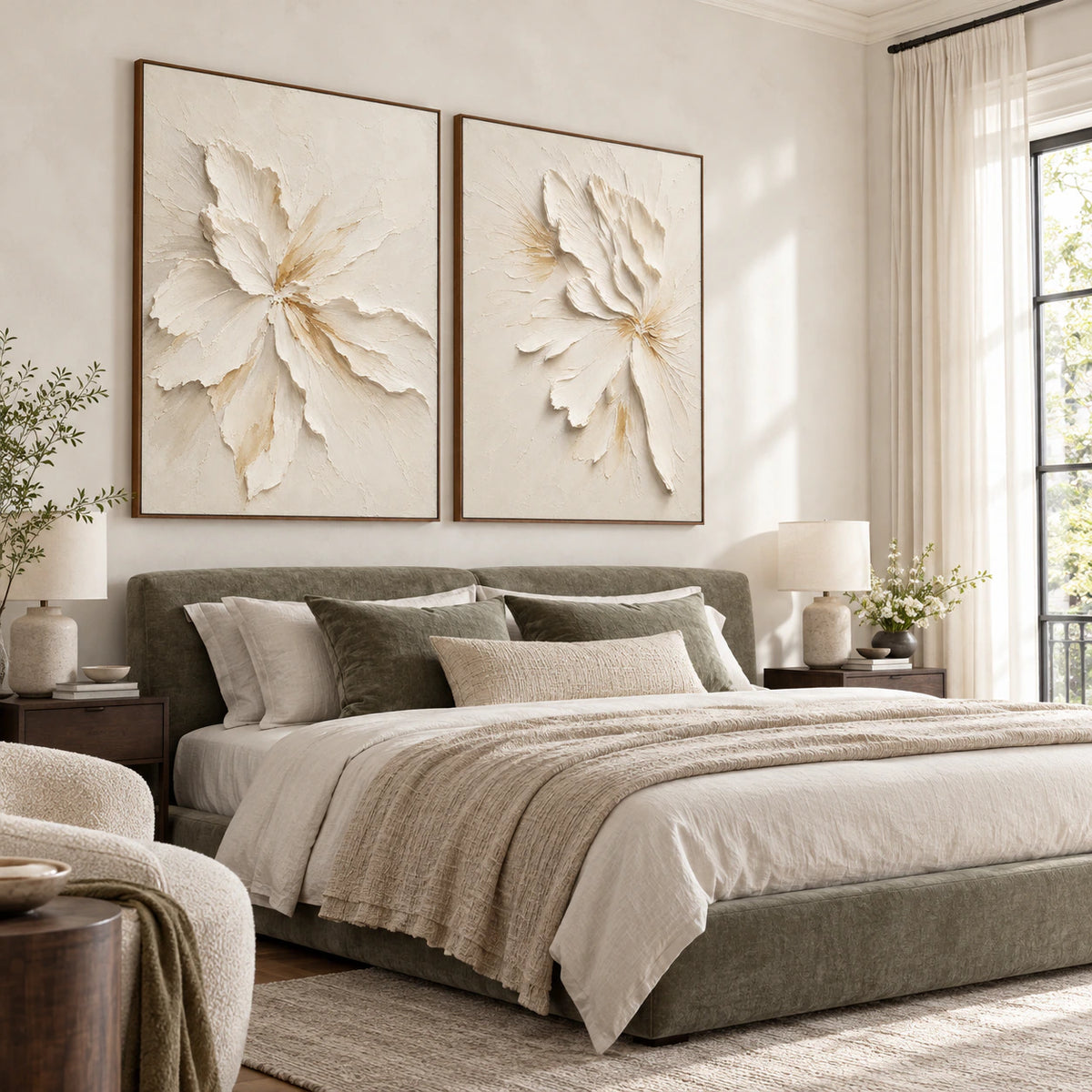 Quiet bedroom with the Alabaster-Petals two-canvas floral diptych above a low bed.