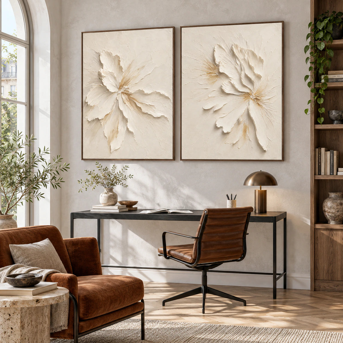 Airy reading office displaying the Alabaster-Petals diptych as the central wall artwork.