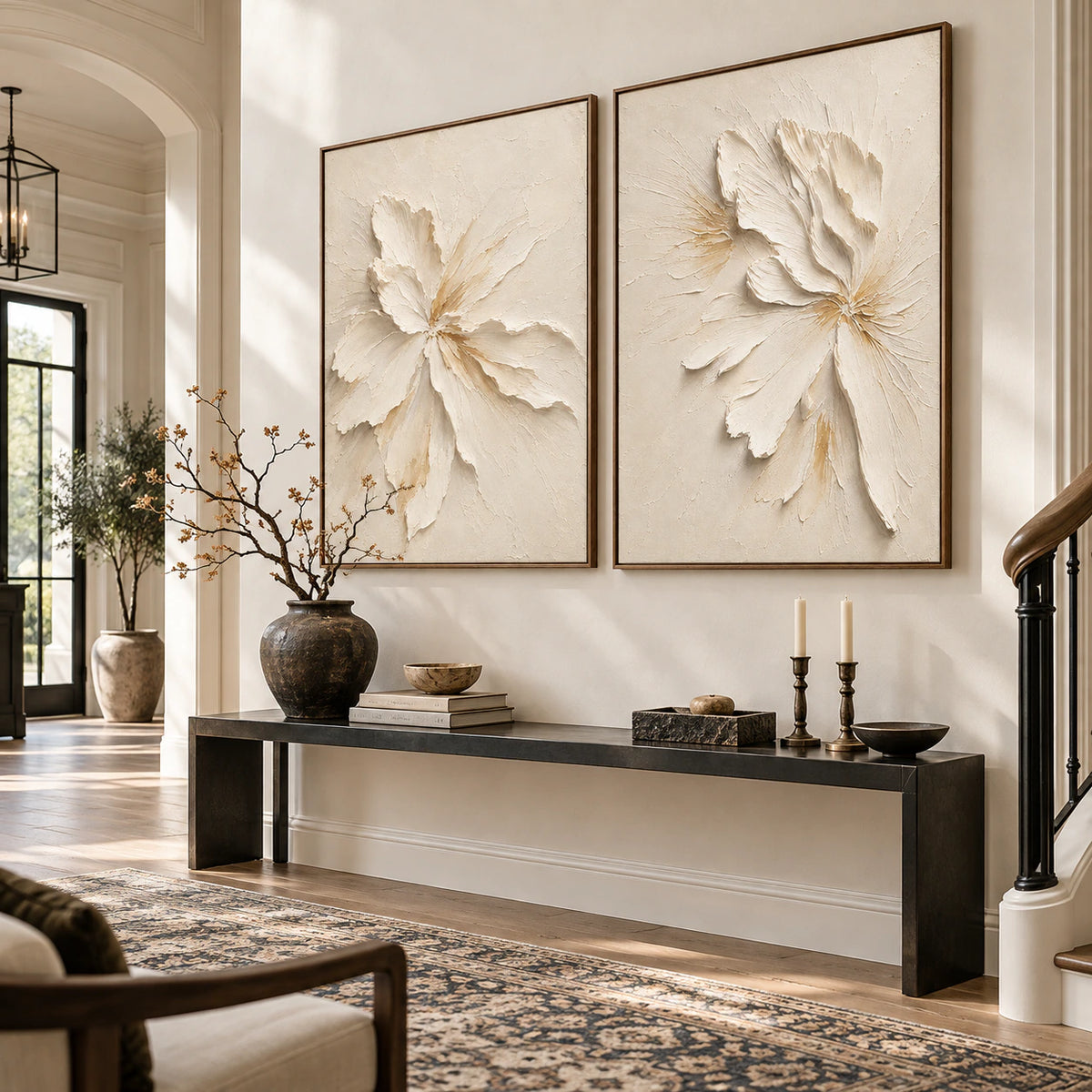 Gallery-scale foyer with the Alabaster-Petals set of two hung side by side.