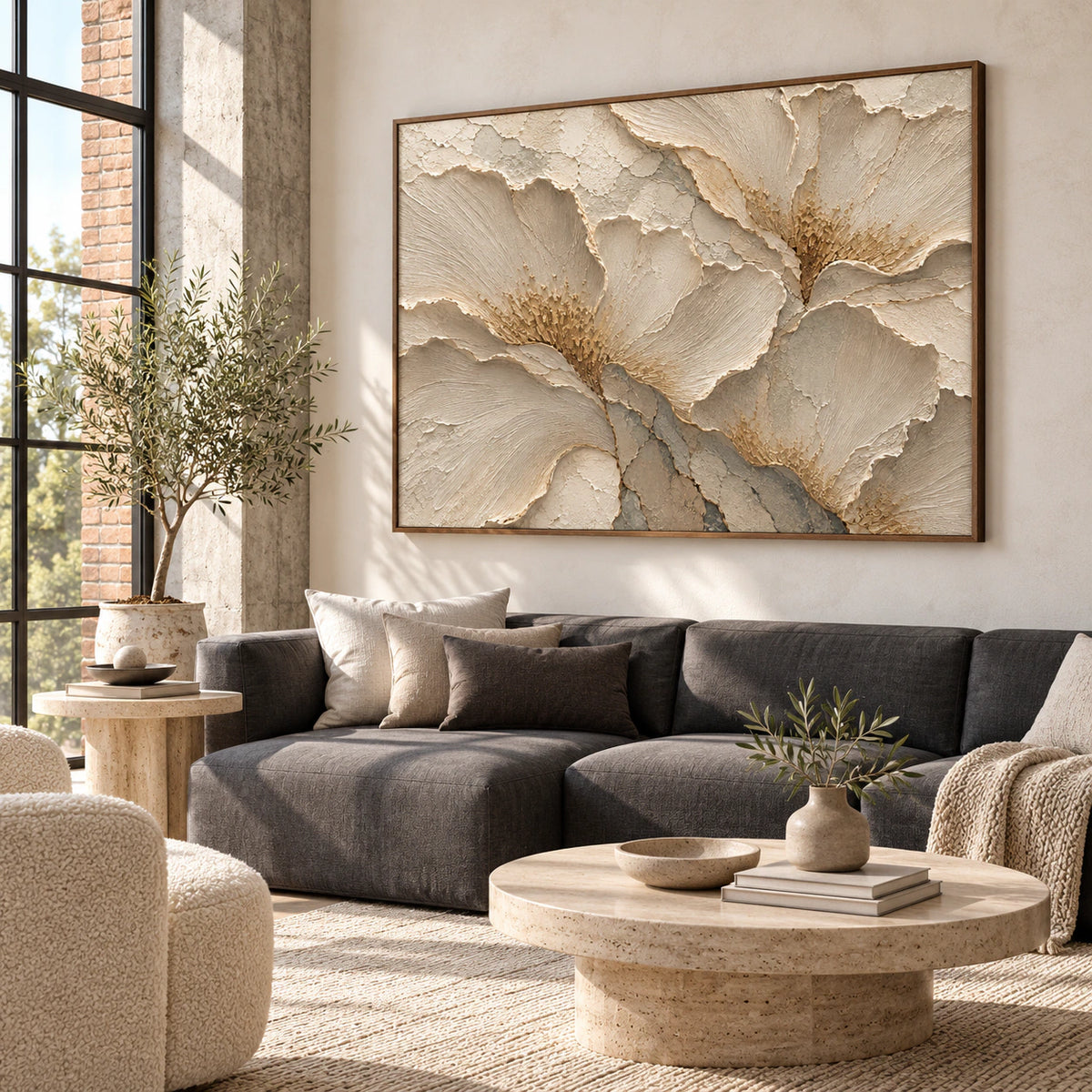 Alabaster-Relief as a large focal artwork in a bright contemporary living room.