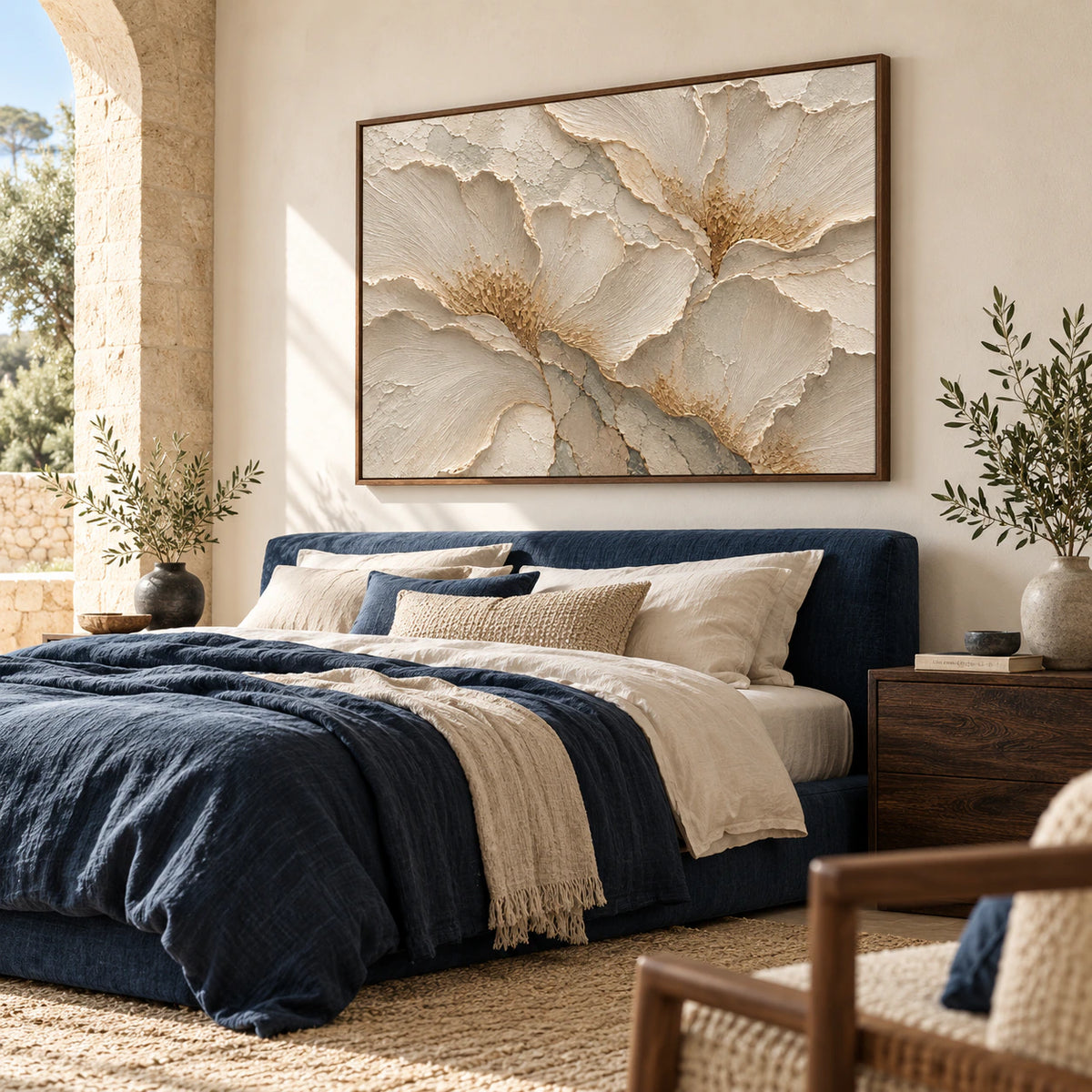 Alabaster-Relief above a quiet bedroom setting with soft natural daylight.