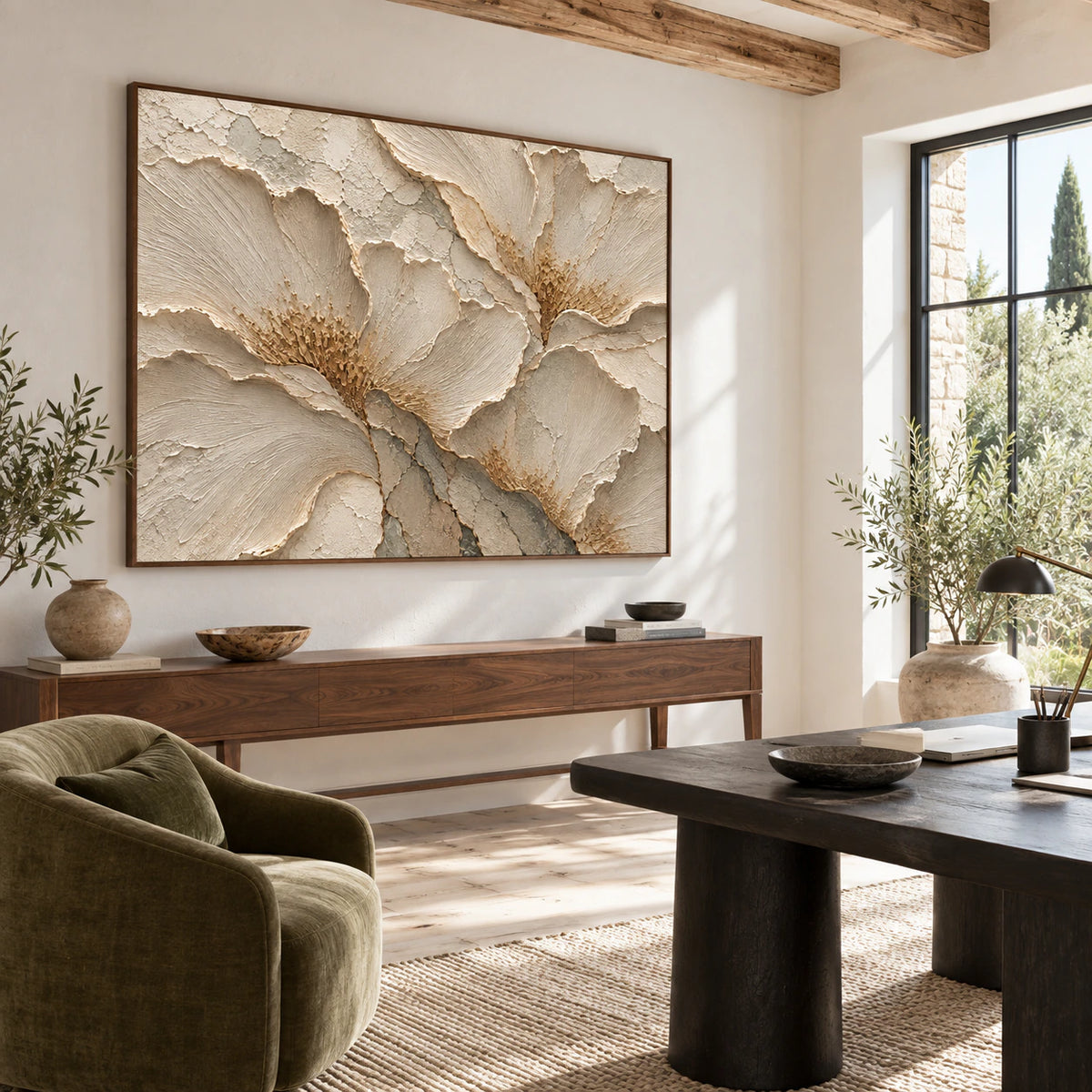 Alabaster-Relief as the focal artwork in an airy home office reading space.