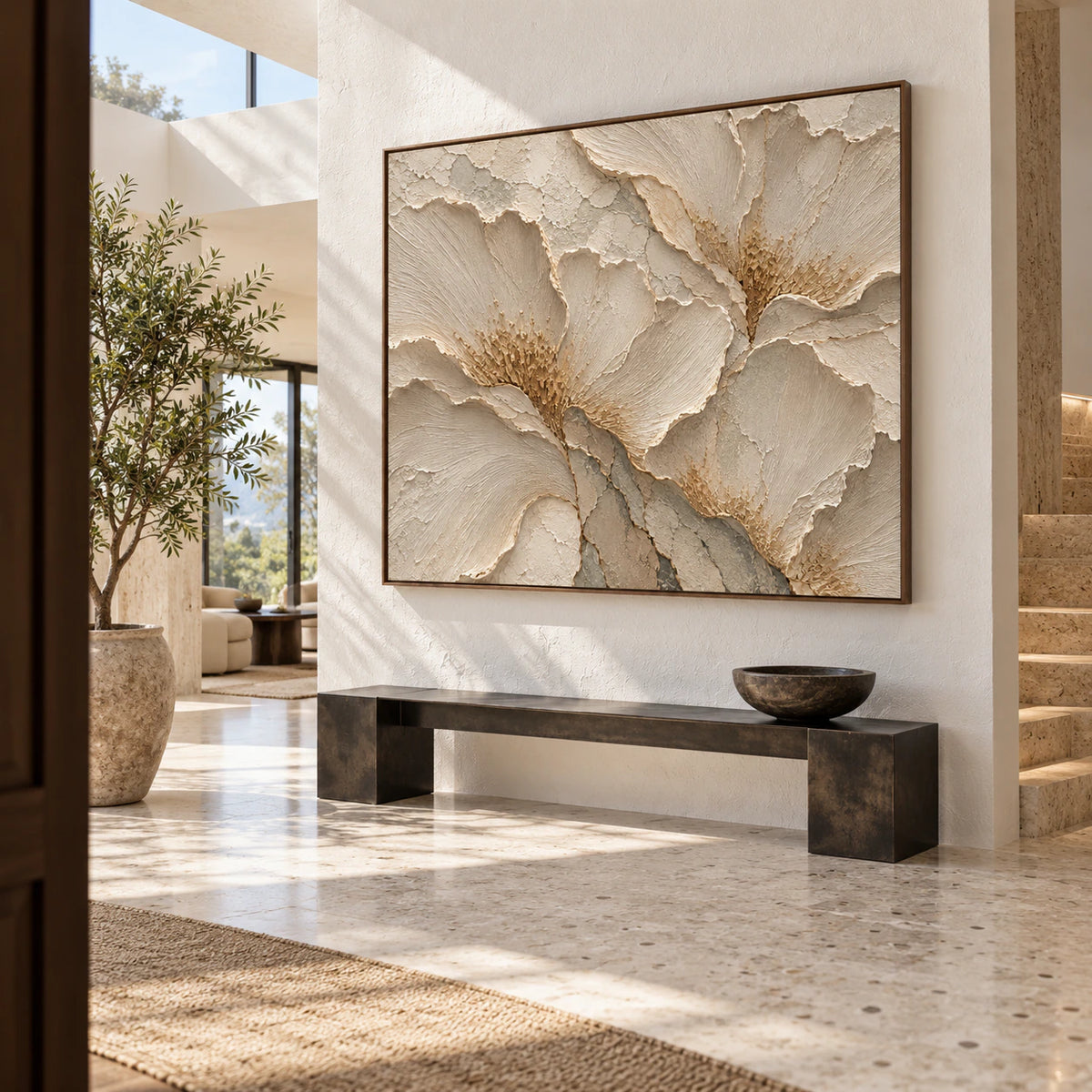 Alabaster-Relief shown at gallery scale in a bright architectural foyer.