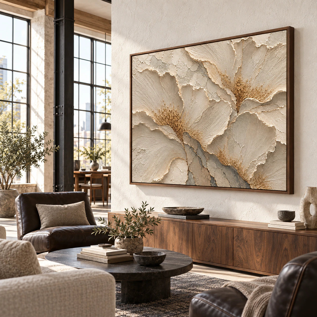 Alabaster-Relief displayed at large scale in an open hospitality loft interior.