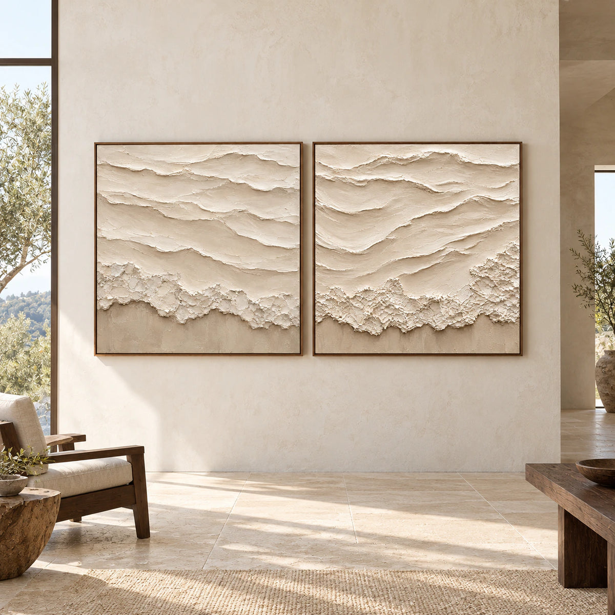 Large straight-on gallery view of the Alabaster-Strata ivory relief diptych in slim walnut frames.