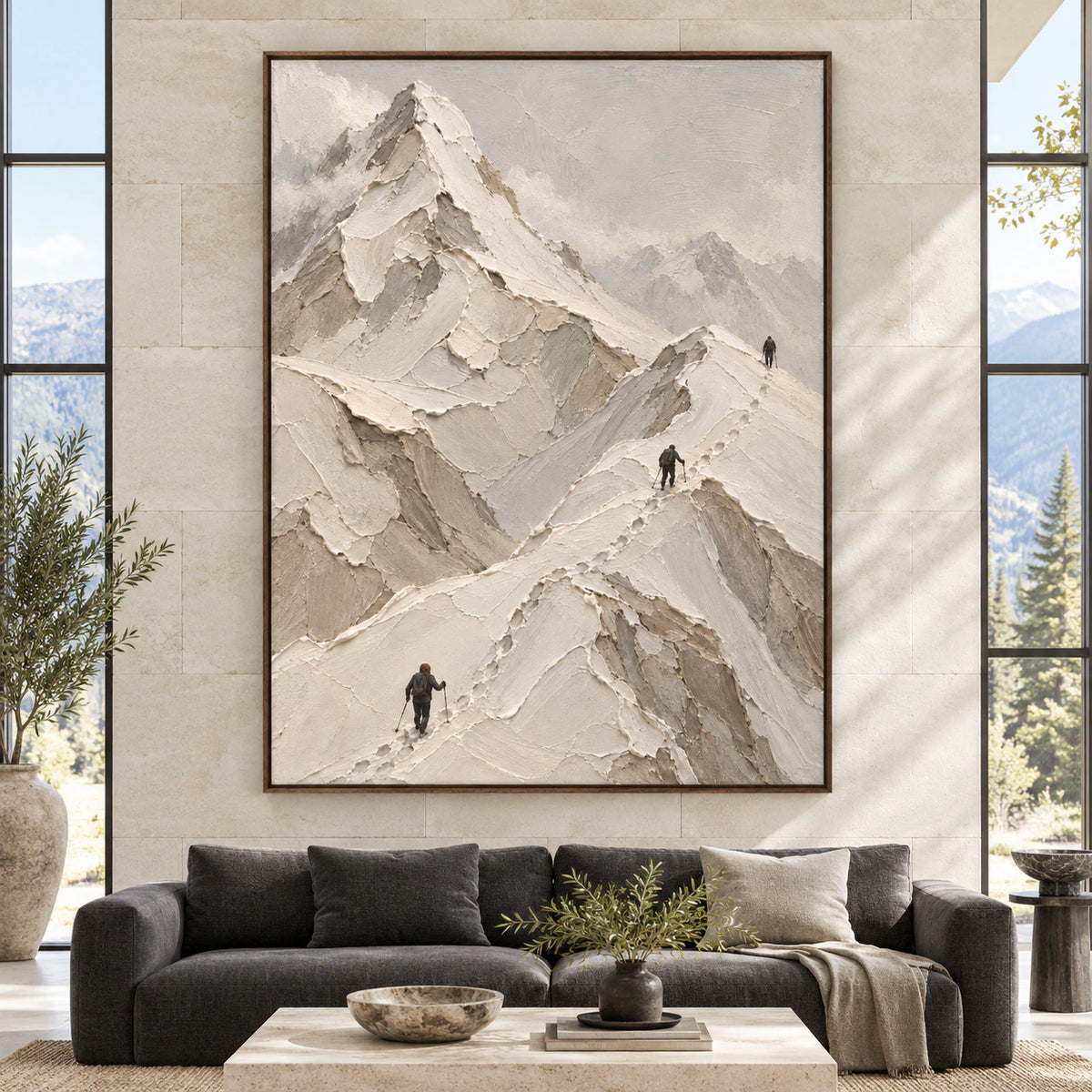 Large vertical Alpine-Trace mountain painting shown straight-on at an impressive scale in a bright, spacious architectural living room.