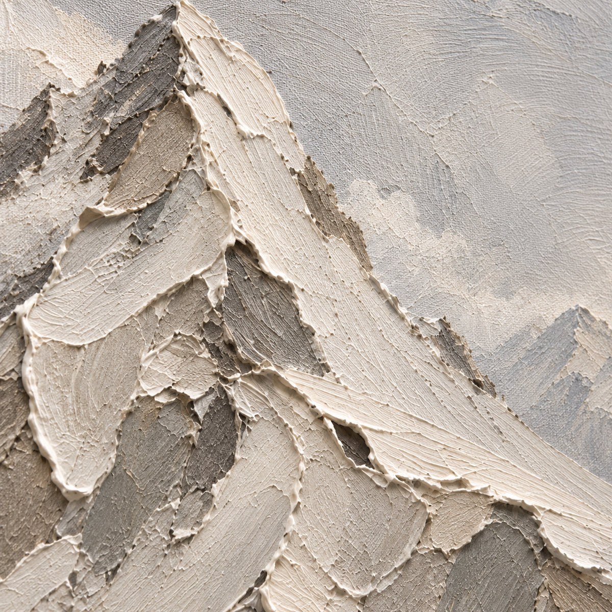 Alpine-Trace oil painting brushwork and impasto detail photographed from an oblique side angle
