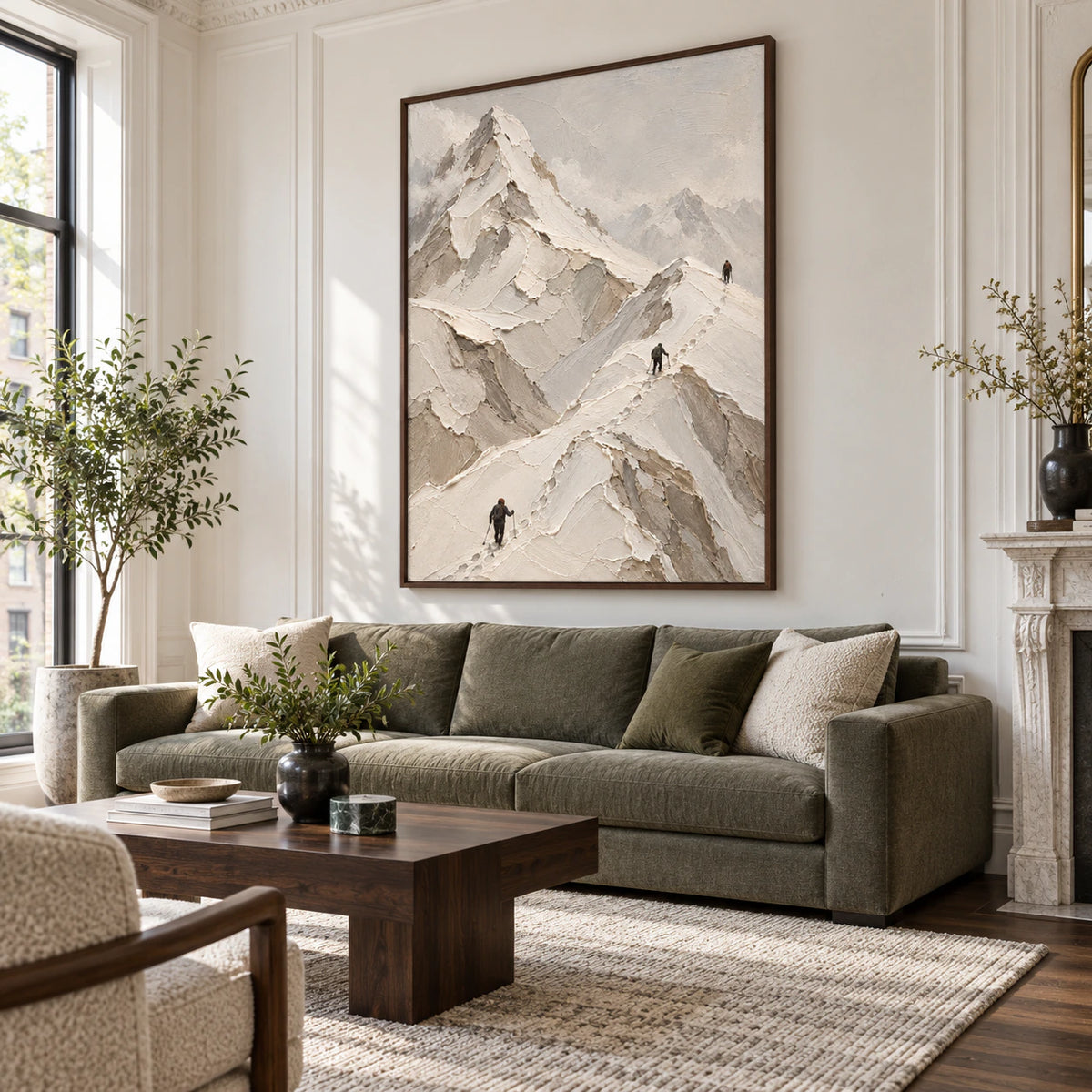 Alpine-Trace displayed prominently above a restrained sofa in a bright contemporary living room.