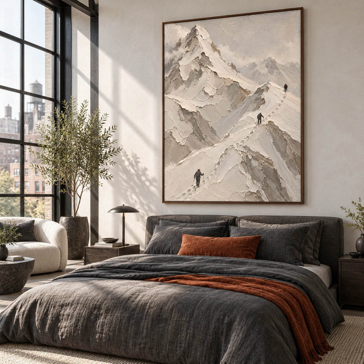 Alpine-Trace shown as the focal artwork in a calm, naturally lit bedroom.