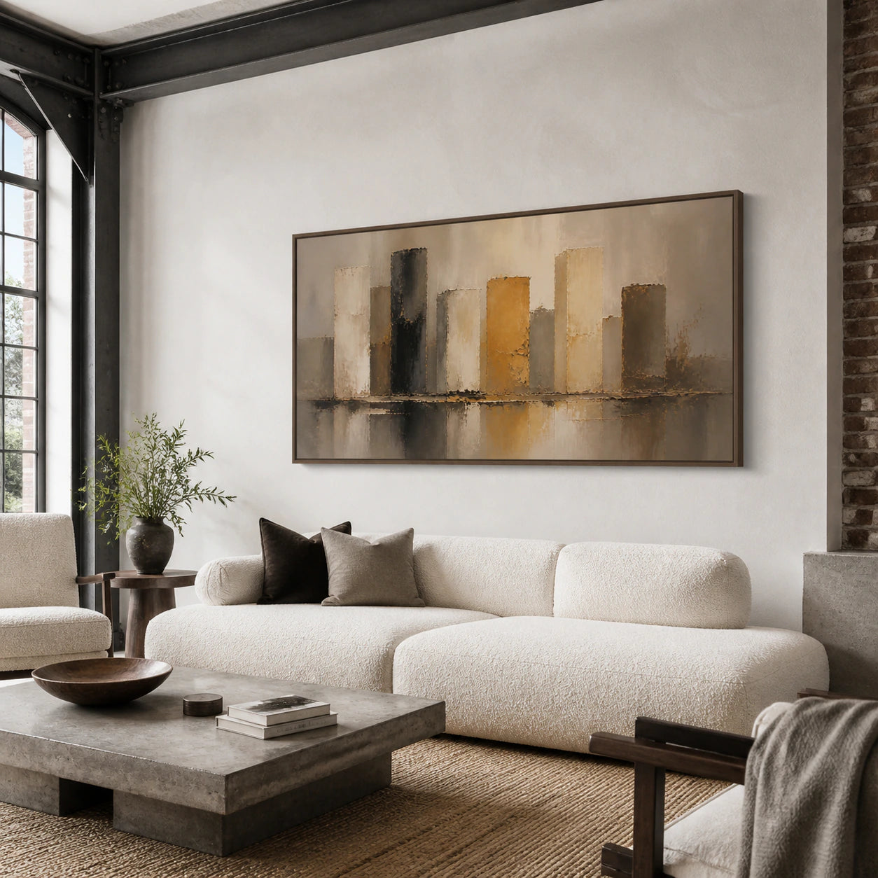Amber-Interval as the focal artwork in a bright contemporary living room.