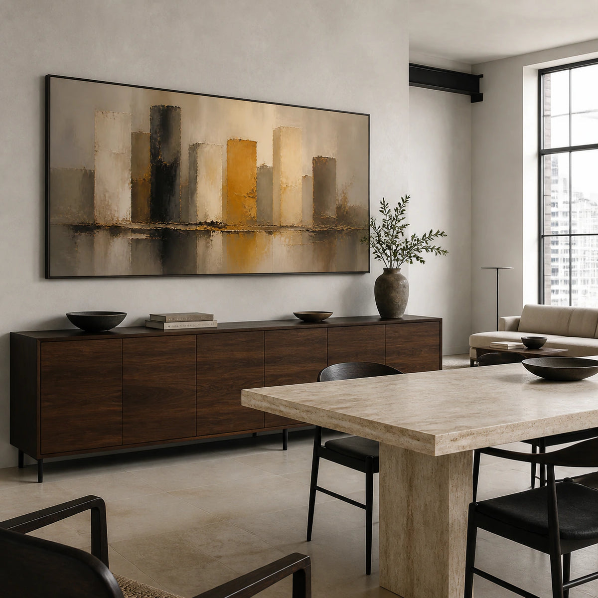 Amber-Interval above a refined dining setting with daylight across the wall.