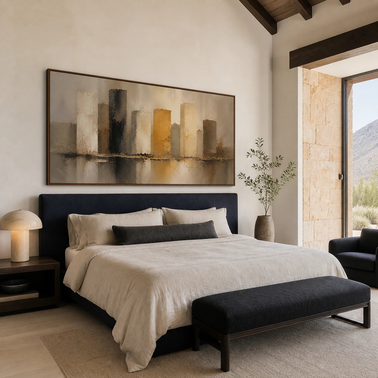 Amber-Interval anchoring a quiet, softly lit bedroom.