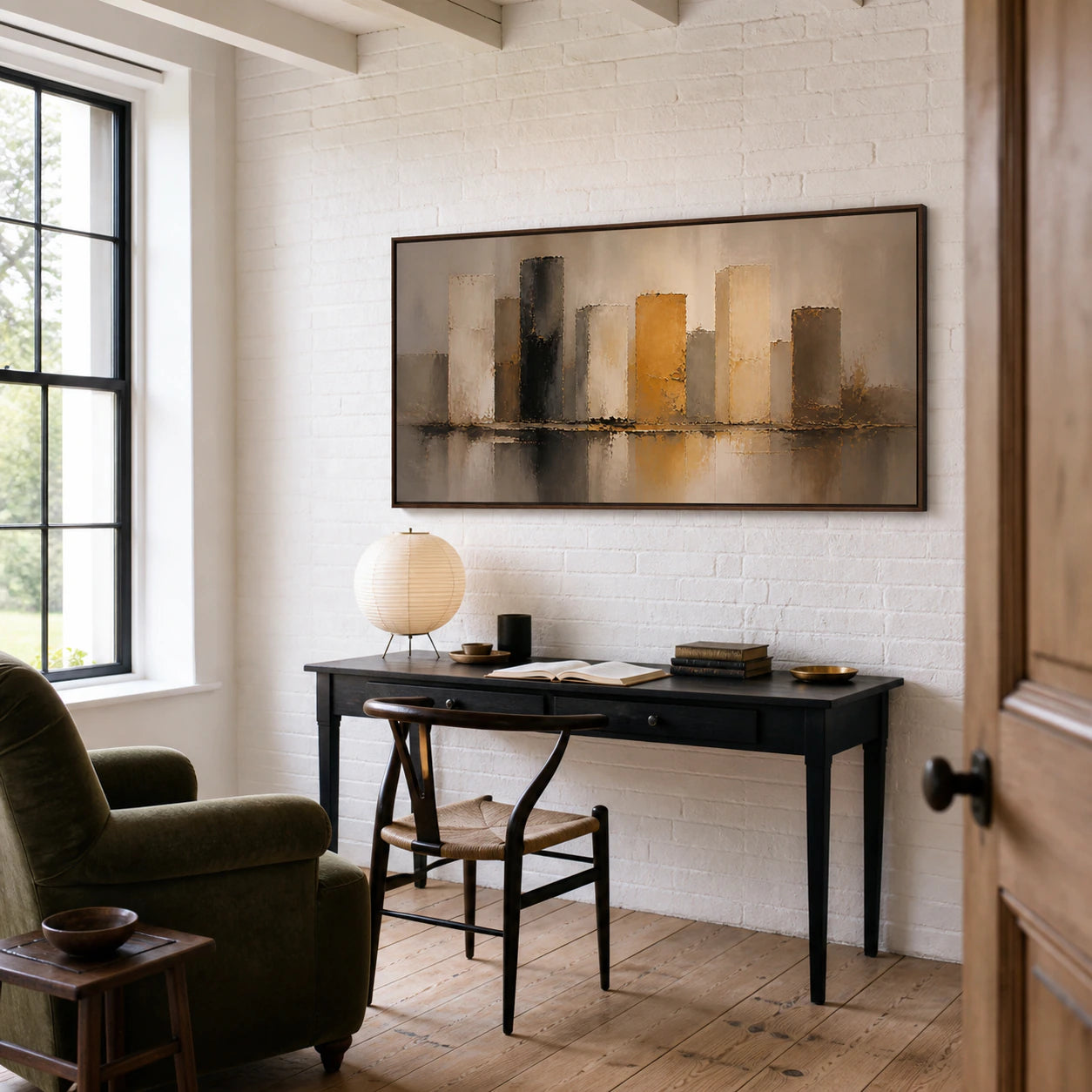 Amber-Interval in an airy reading and home-office interior.