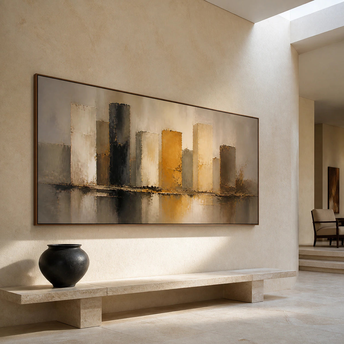 Amber-Interval at gallery scale in a bright architectural foyer.
