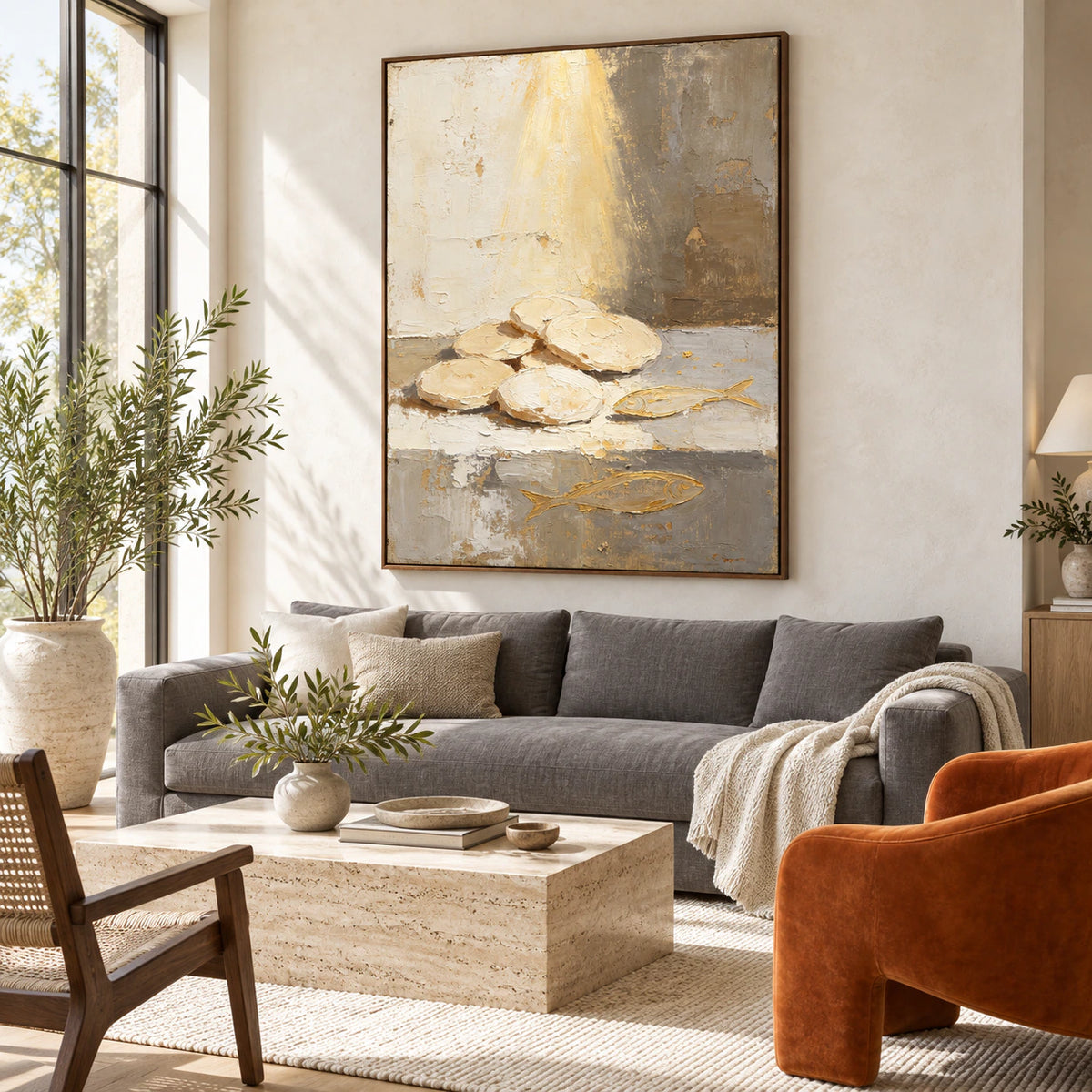 Amber-Relics above a sofa in a bright contemporary living room.
