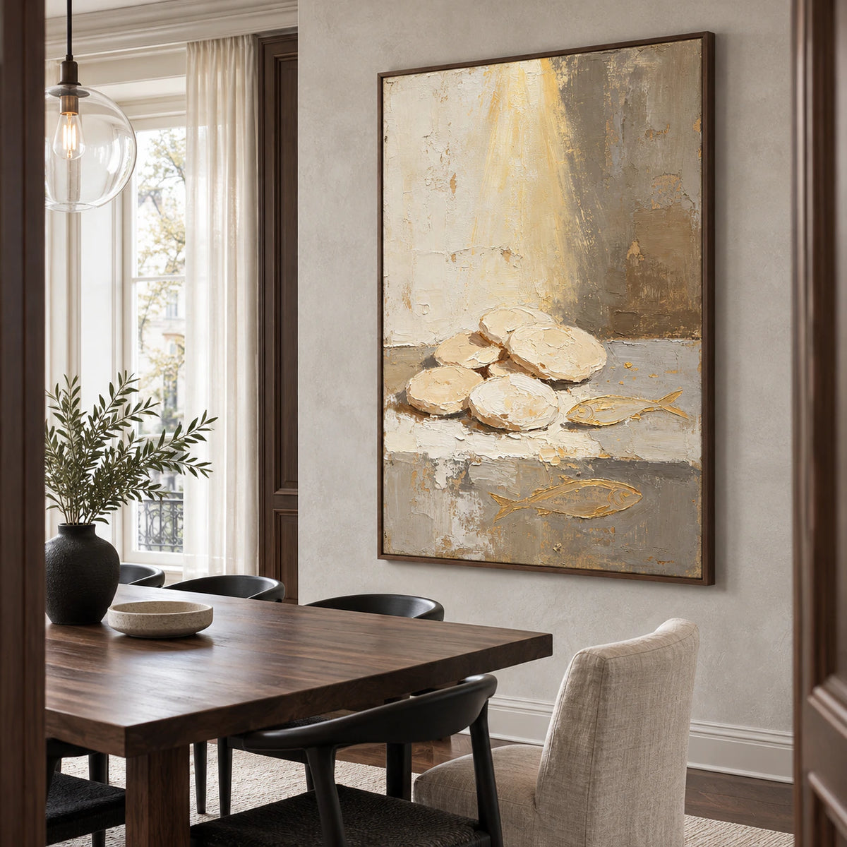 Amber-Relics as the focal artwork in a refined daylight dining room.