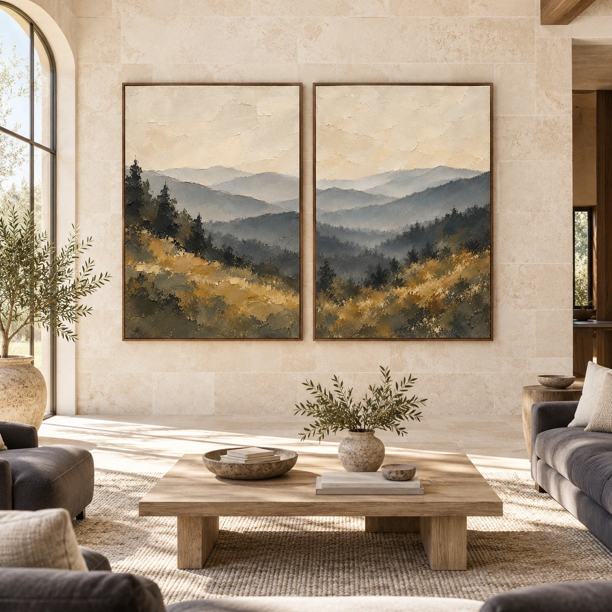 Large Amber-Ridgeline landscape diptych in slim walnut frames, displayed straight-on in a bright expansive room.