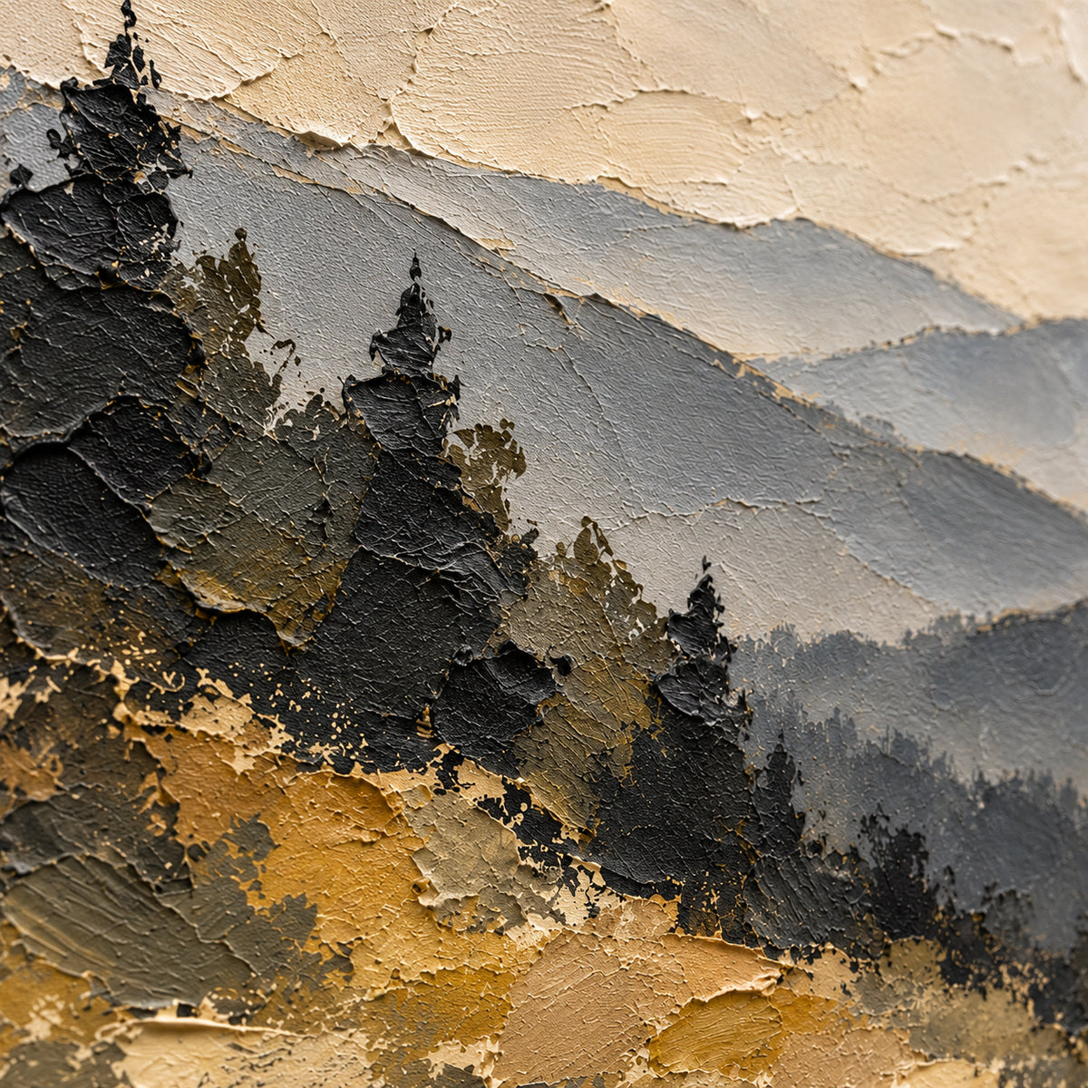 Amber-Ridgeline oil painting brushwork and impasto detail photographed from an oblique side angle