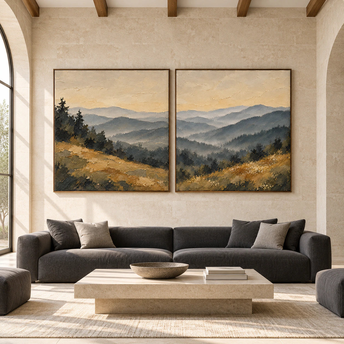 Large straight-on gallery view of the Amber-Ridges square landscape diptych in slim walnut frames.