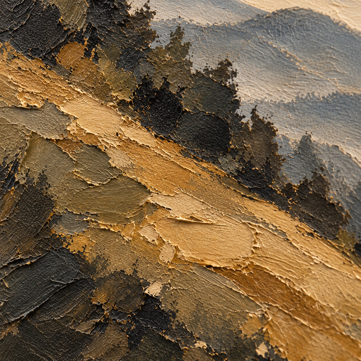 Amber-Ridges oil painting brushwork and impasto detail photographed from an oblique side angle