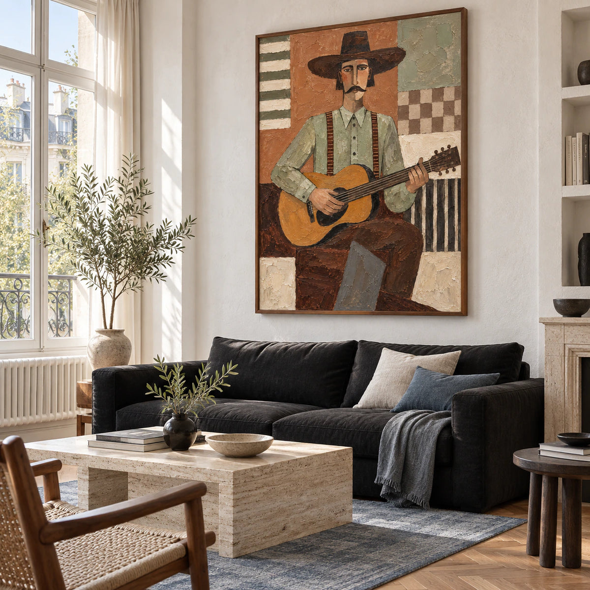 Amber-Troubadour as the focal artwork in a bright contemporary living room.