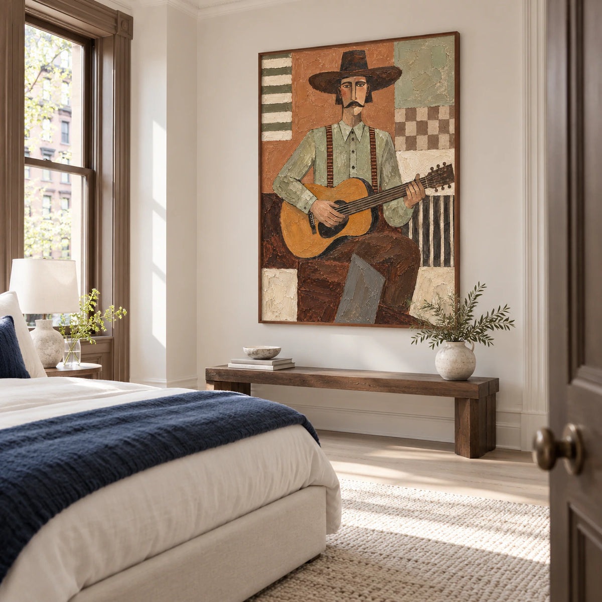 Amber-Troubadour above a calm, softly lit bedroom setting.