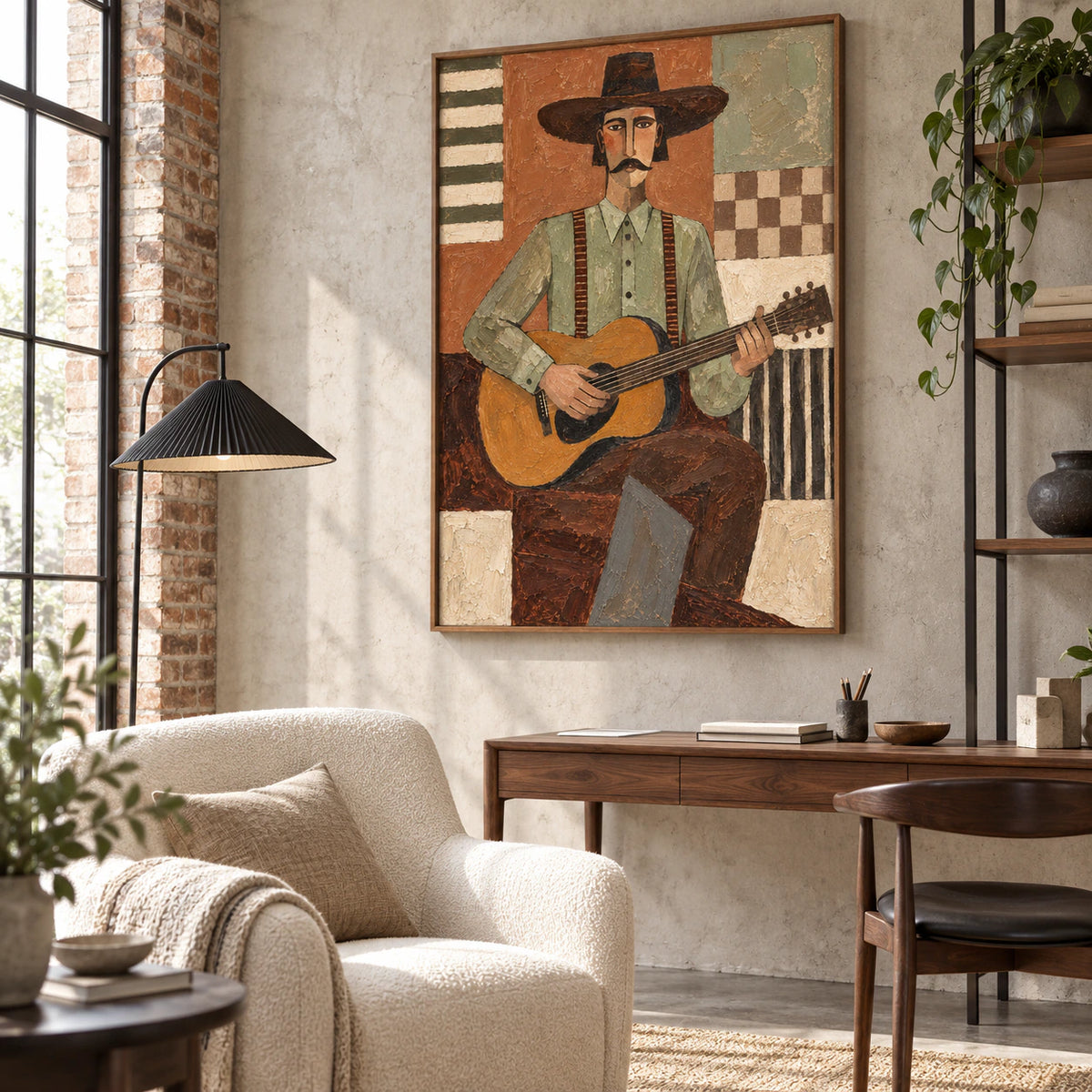 Amber-Troubadour as the central artwork in an airy home office reading space.