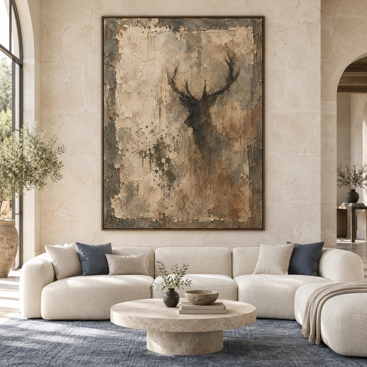 Large earth-toned stag silhouette artwork displayed straight-on in a spacious architectural interior.