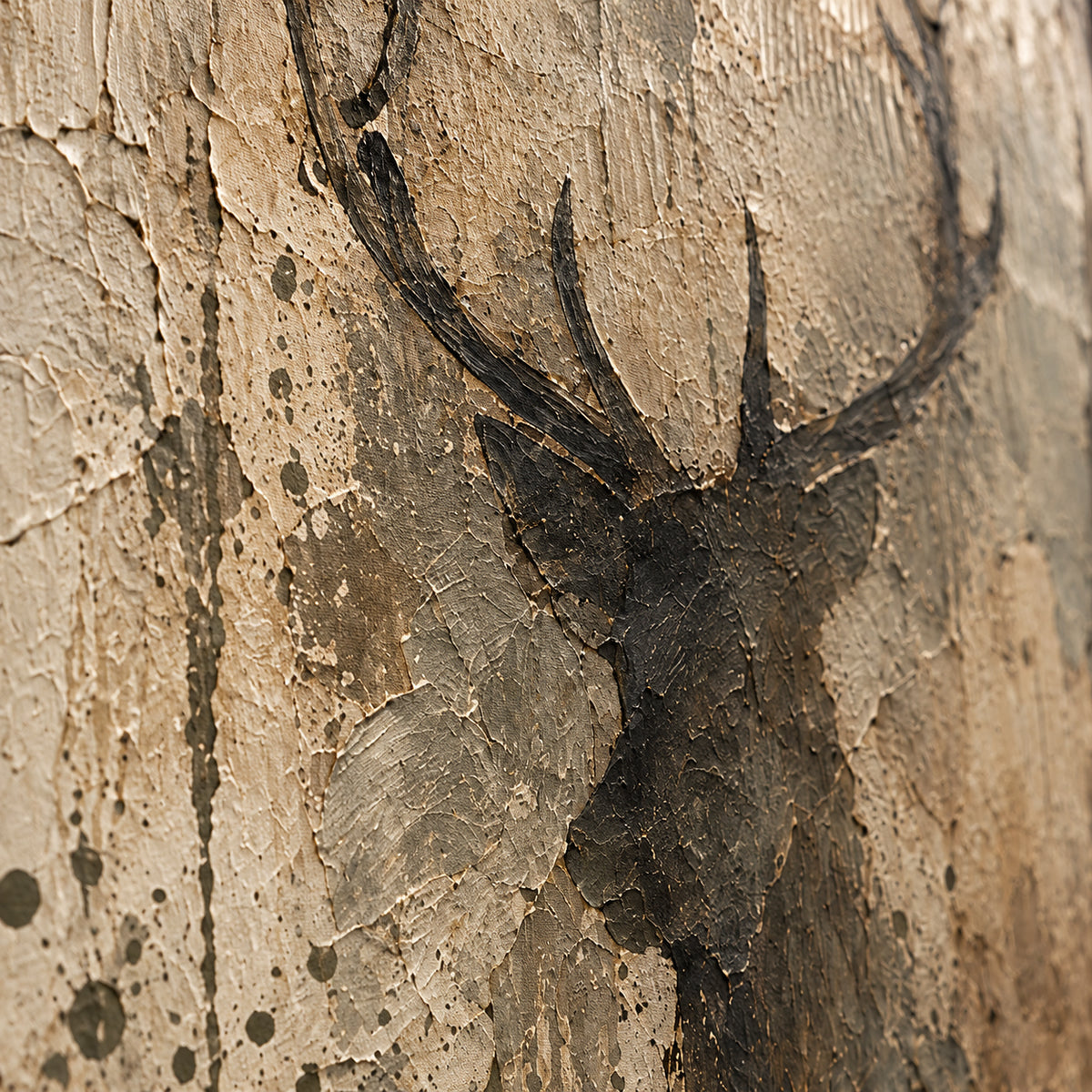 Antler-Patina oil painting brushwork and impasto detail photographed from an oblique side angle