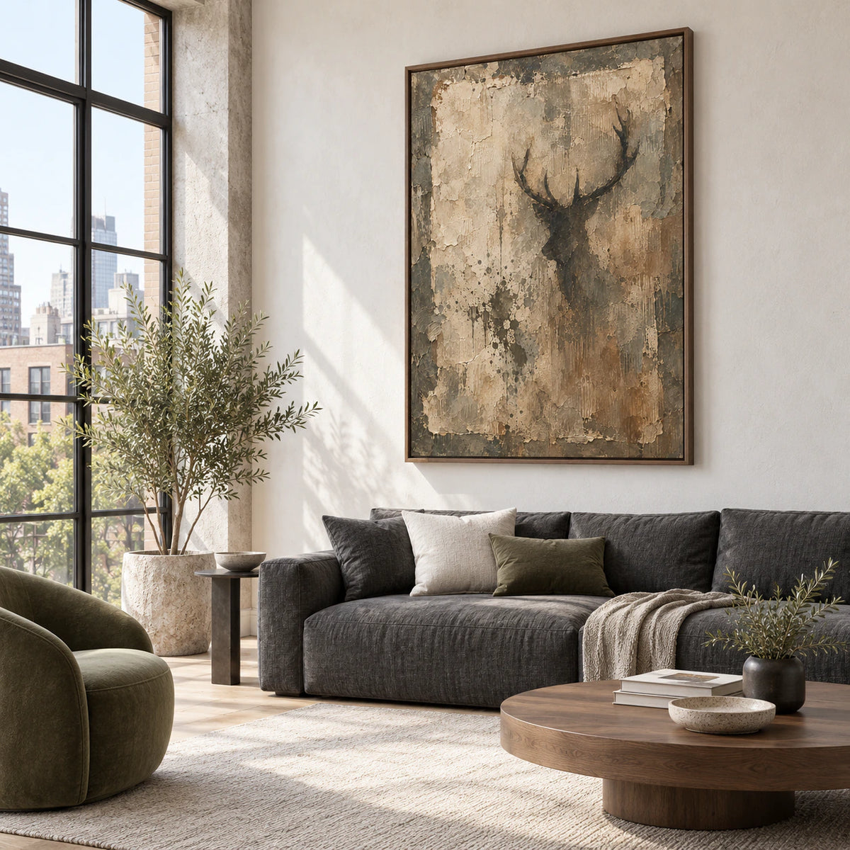 Earth-toned stag silhouette wall art above a bright living room seating arrangement.