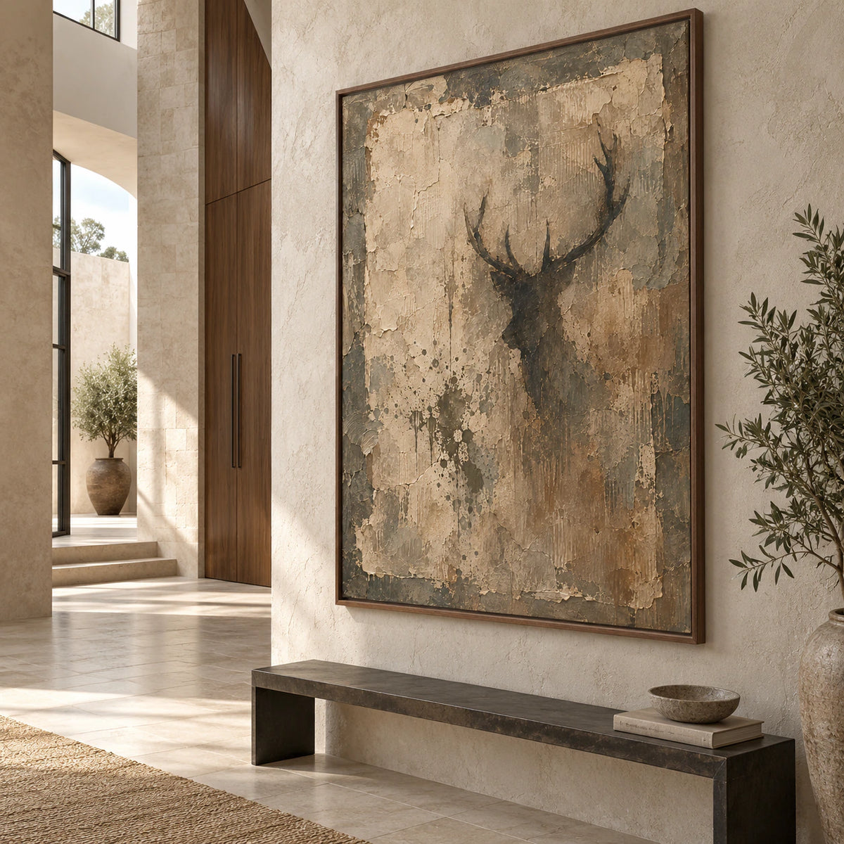 Large stag silhouette artwork in a gallery-scale foyer.