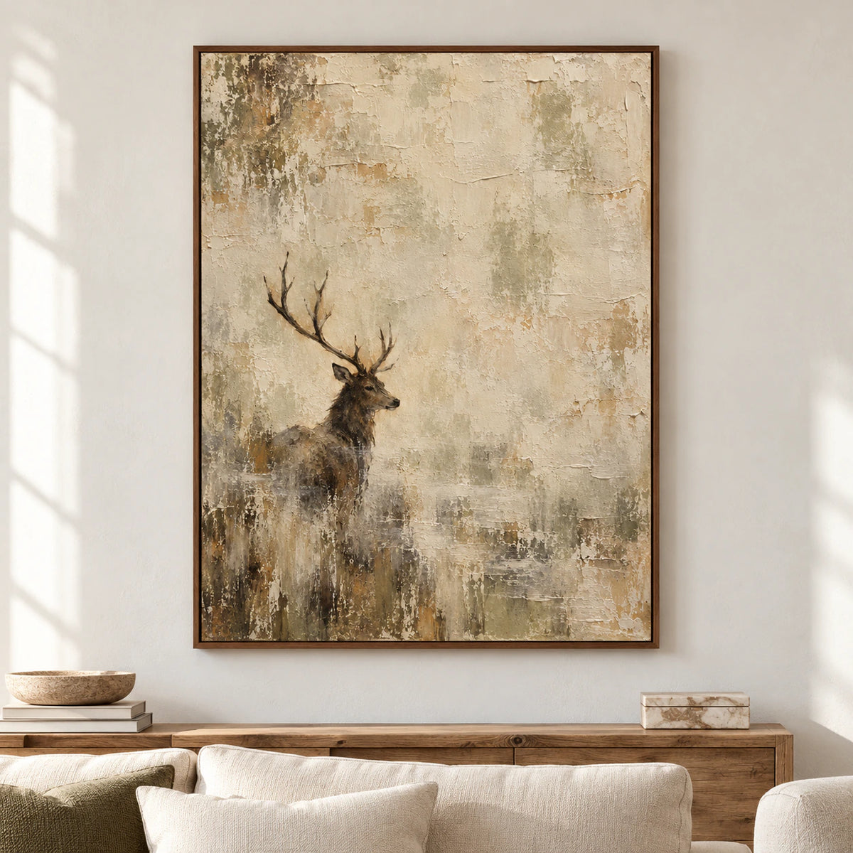 Large vertical stag painting displayed at scale on a pale gallery wall in a spacious, sunlit room.