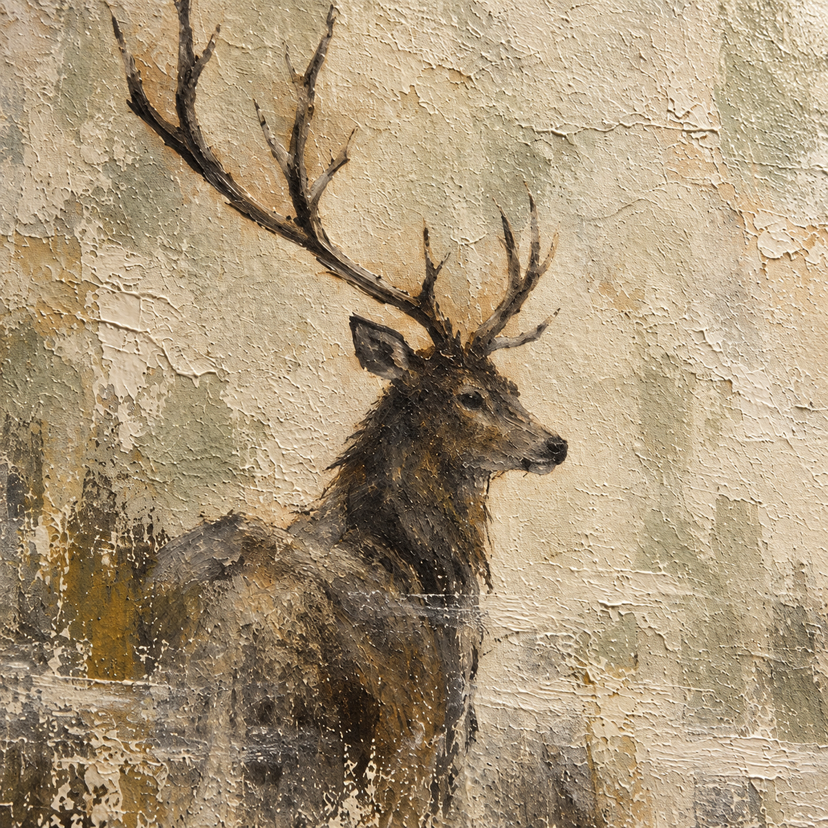 Antlered-Hush oil painting brushwork and impasto detail photographed from an oblique side angle