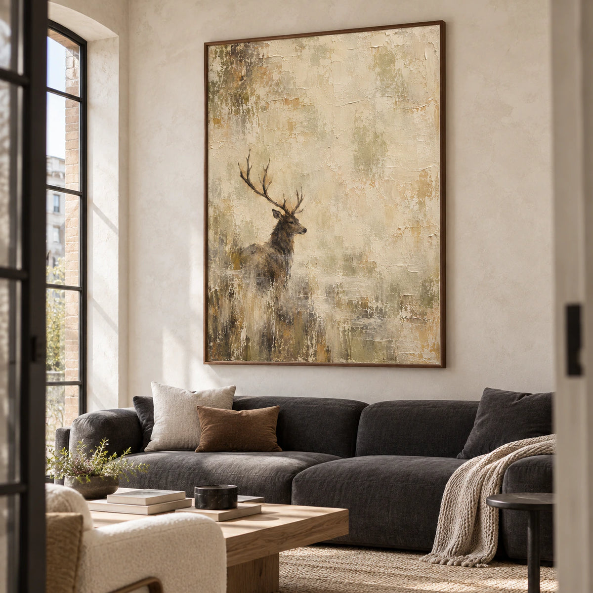Large stag painting above a charcoal sofa in a bright living room with pale walls and restrained furnishings.