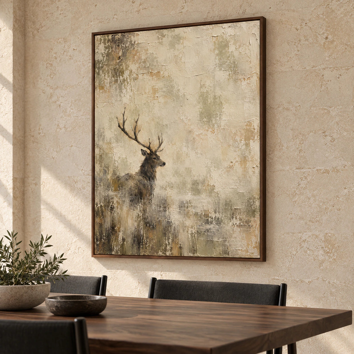 Stag painting anchoring a refined dining room with a long dark wood table, sculptural chairs, and clear daylight.